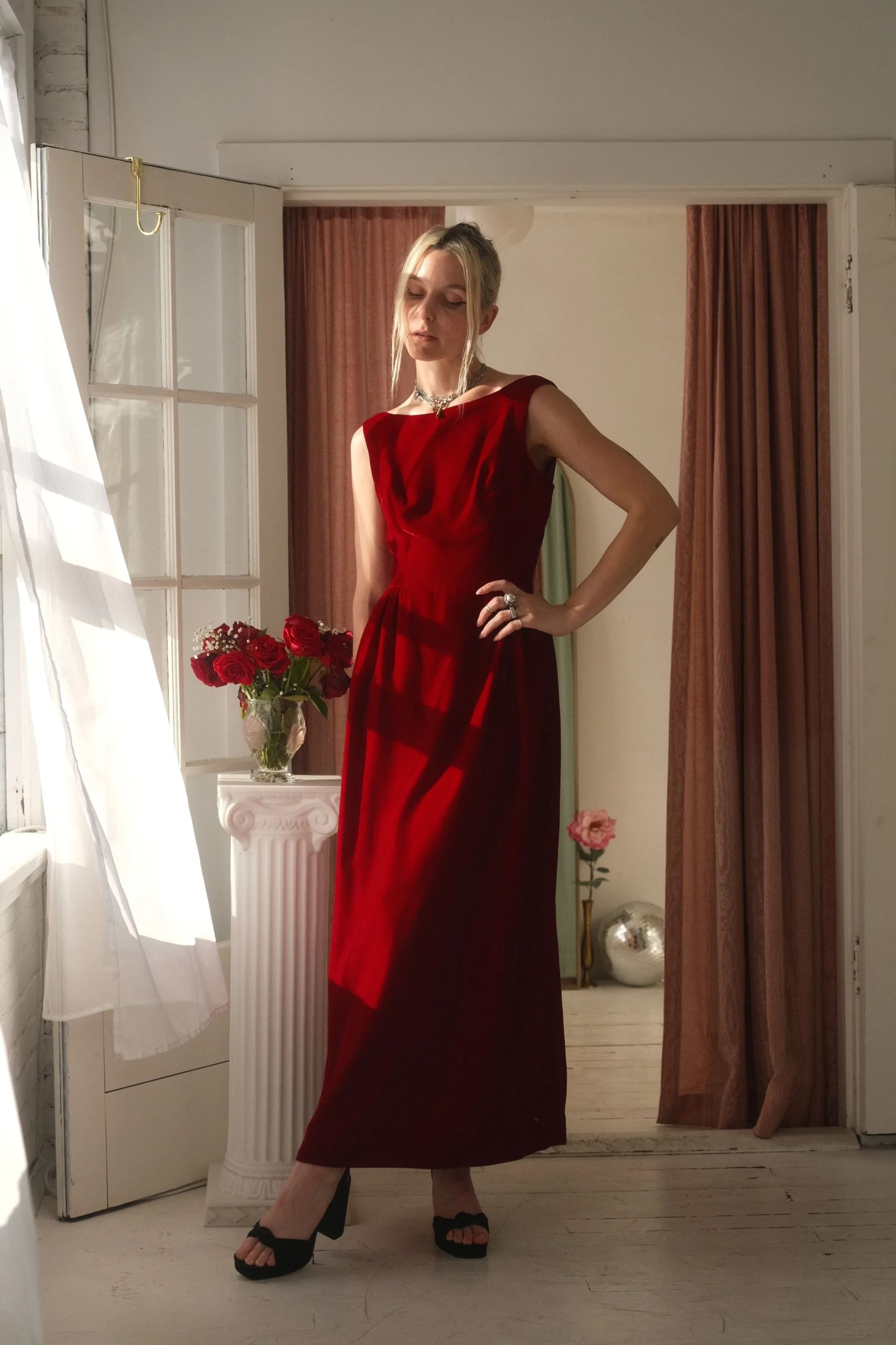 1950s Ruby Velvet Gown