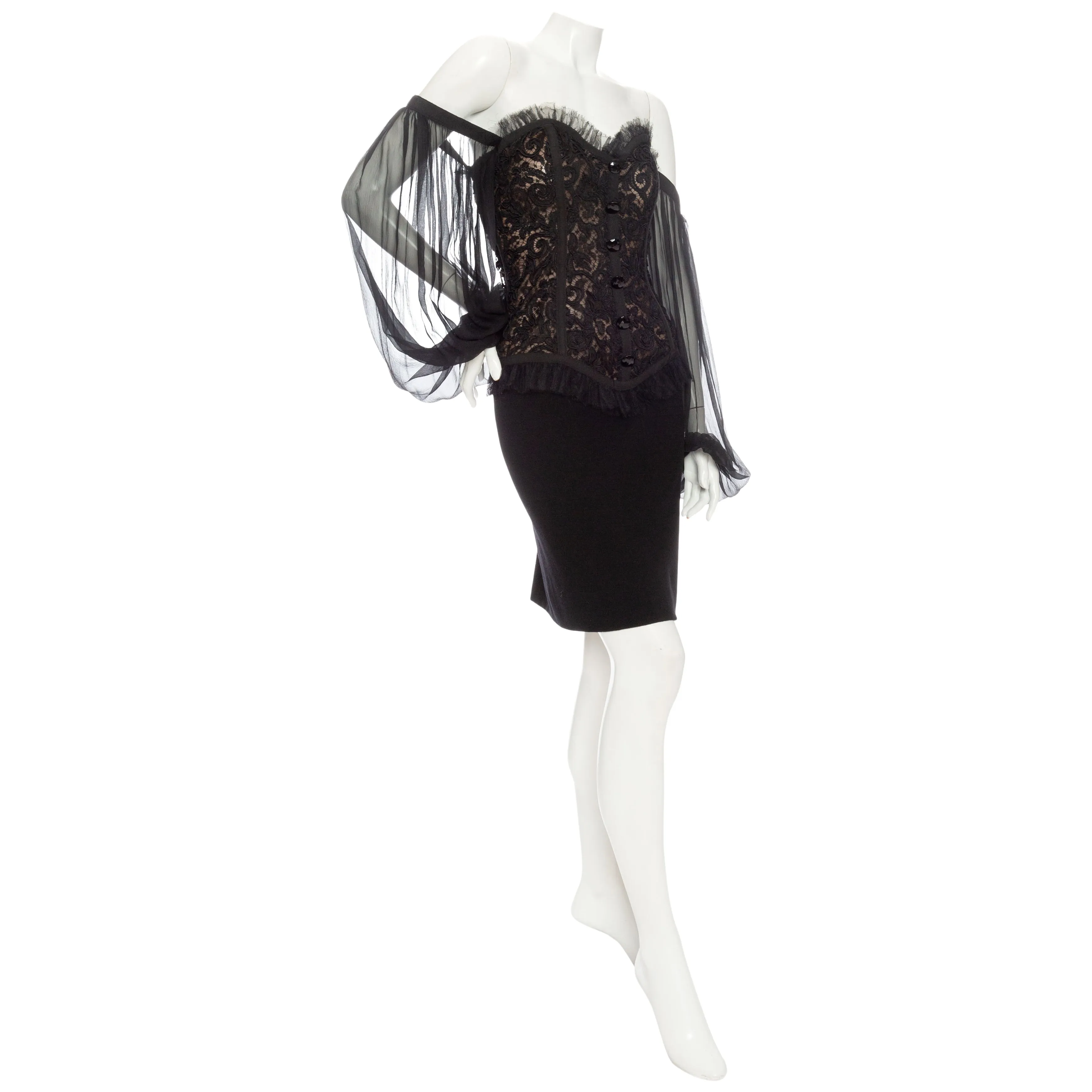 1980s Black Off-the-Shoulder Lace Bustier Dress