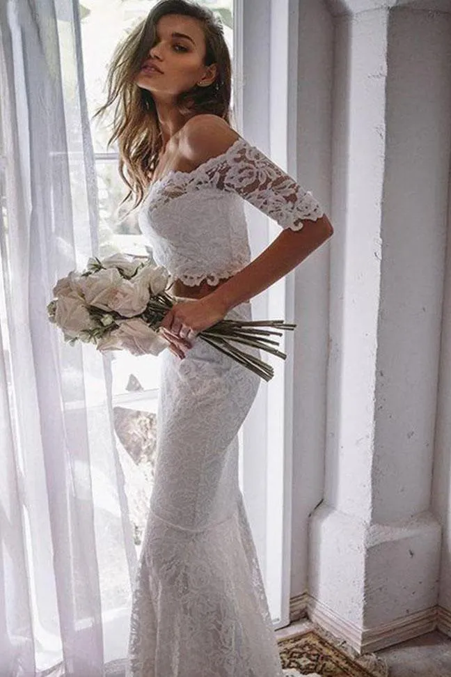 2 Pieces Ivory Lace Mermaid Off the Shoulder Wedding Dresses, Beach Wedding Gowns SJS14986