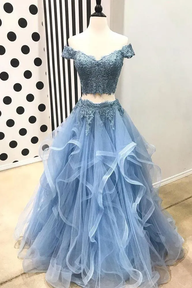 A Line Blue Lace Off the Shoulder Tulle Ruffled Beaded Two Piece Prom Dresses uk JS406