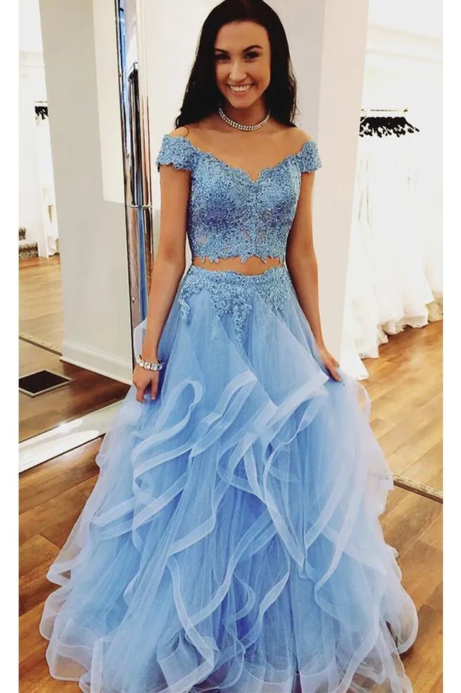 A Line Blue Lace Off the Shoulder Tulle Ruffled Beaded Two Piece Prom Dresses uk JS406