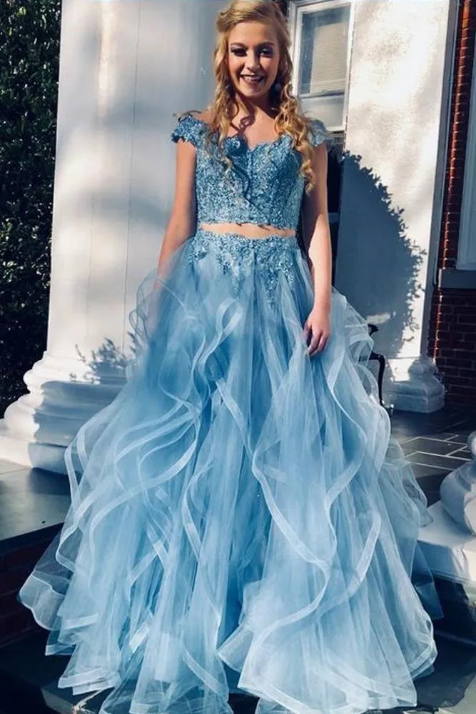 A Line Blue Lace Off the Shoulder Tulle Ruffled Beaded Two Piece Prom Dresses uk JS406