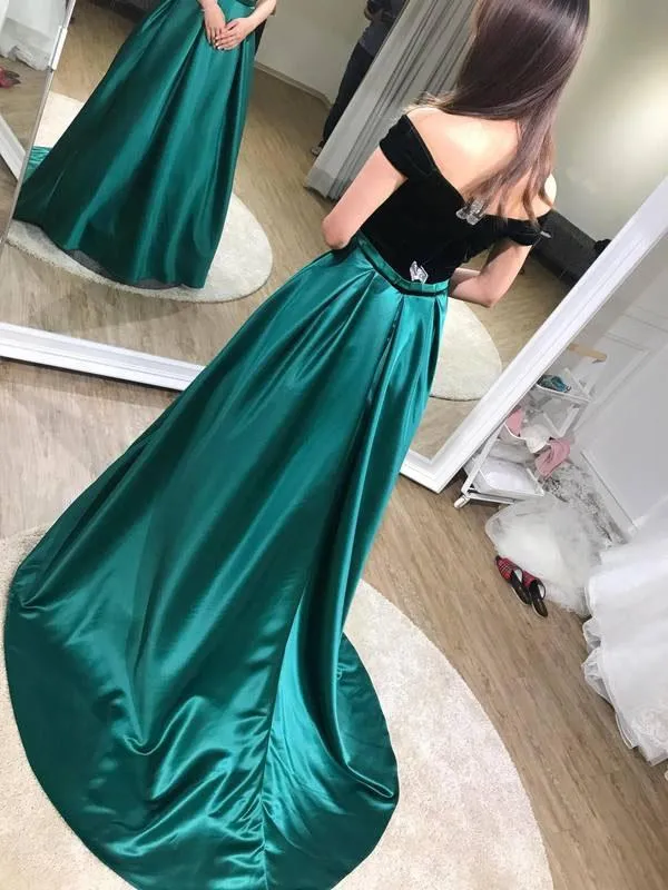 A-line Dark Green Off-the-shoulder Evening Dresses ,Cheap Prom Dresses,PDY0585