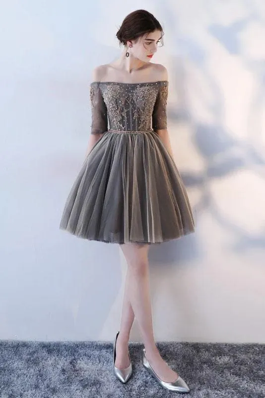 A Line Half Sleeves Gray Off the Shoulder Homecoming Dresses Short Prom Dresses H1135