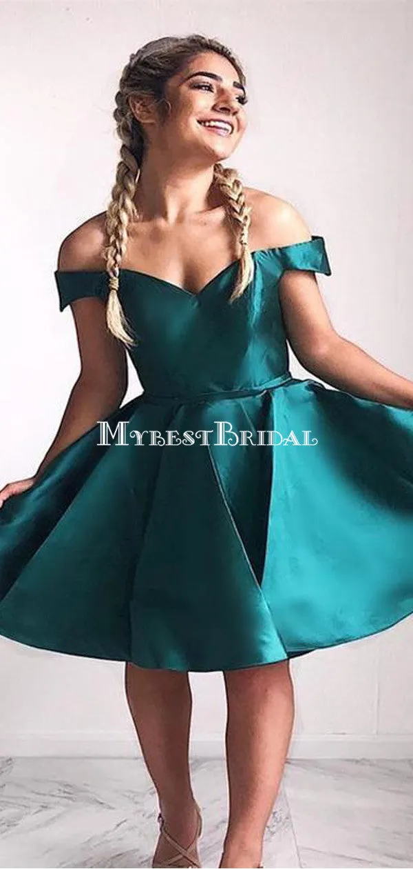 A-line Off-the-Shoulder Green Satin Homecoming Dress ,Short Prom Dresses,BDY0349