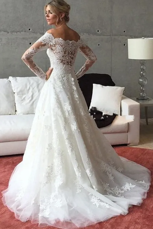 A Line Off the Shoulder Long Sleeves Sweep Train Wedding Dress