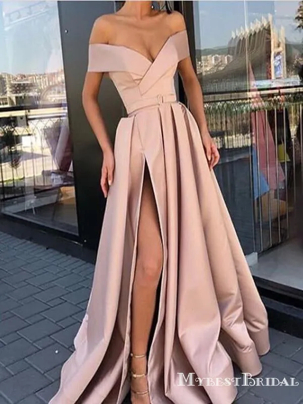 A-line Off-the-Shoulder Pink Satin Prom Dresses,Cheap Prom Dresses,PDY0488