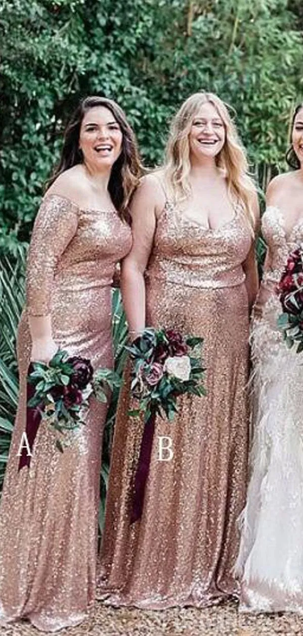 A-line Sleeveless Strapless Long Sequin Bridesmaid Dresses Online, WG892