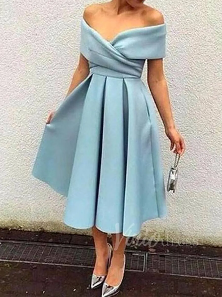 A Line Tea Length Prom Dresses Dusty Blue Wedding Guest Dress SD1205