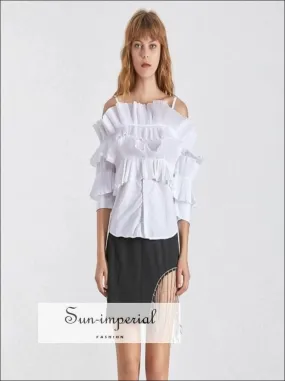 Adaline top - Solid White off the Shoulder Women Blouse Flare 3/4 Sleeve Ruffle Blouse