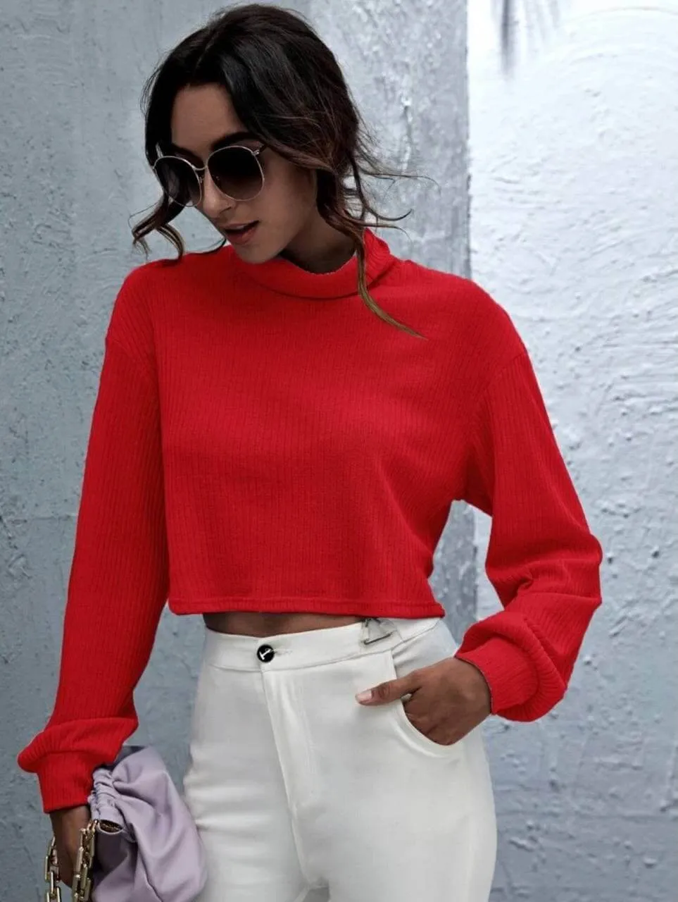 Amelia Funnel Neck Rib-knit Crop Top