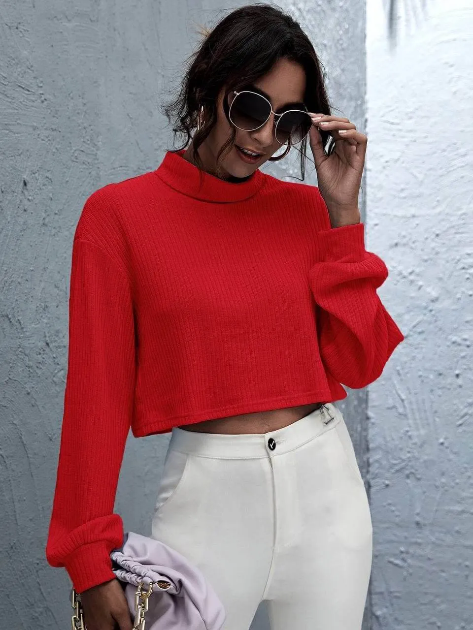 Amelia Funnel Neck Rib-knit Crop Top