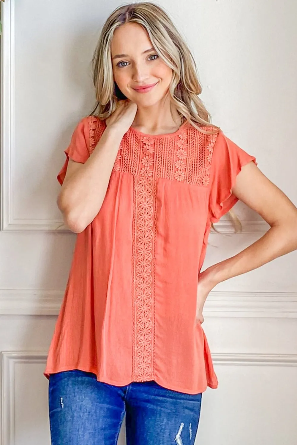 And The Why Lace Detail Ruffle Short Sleeve Blouse Top