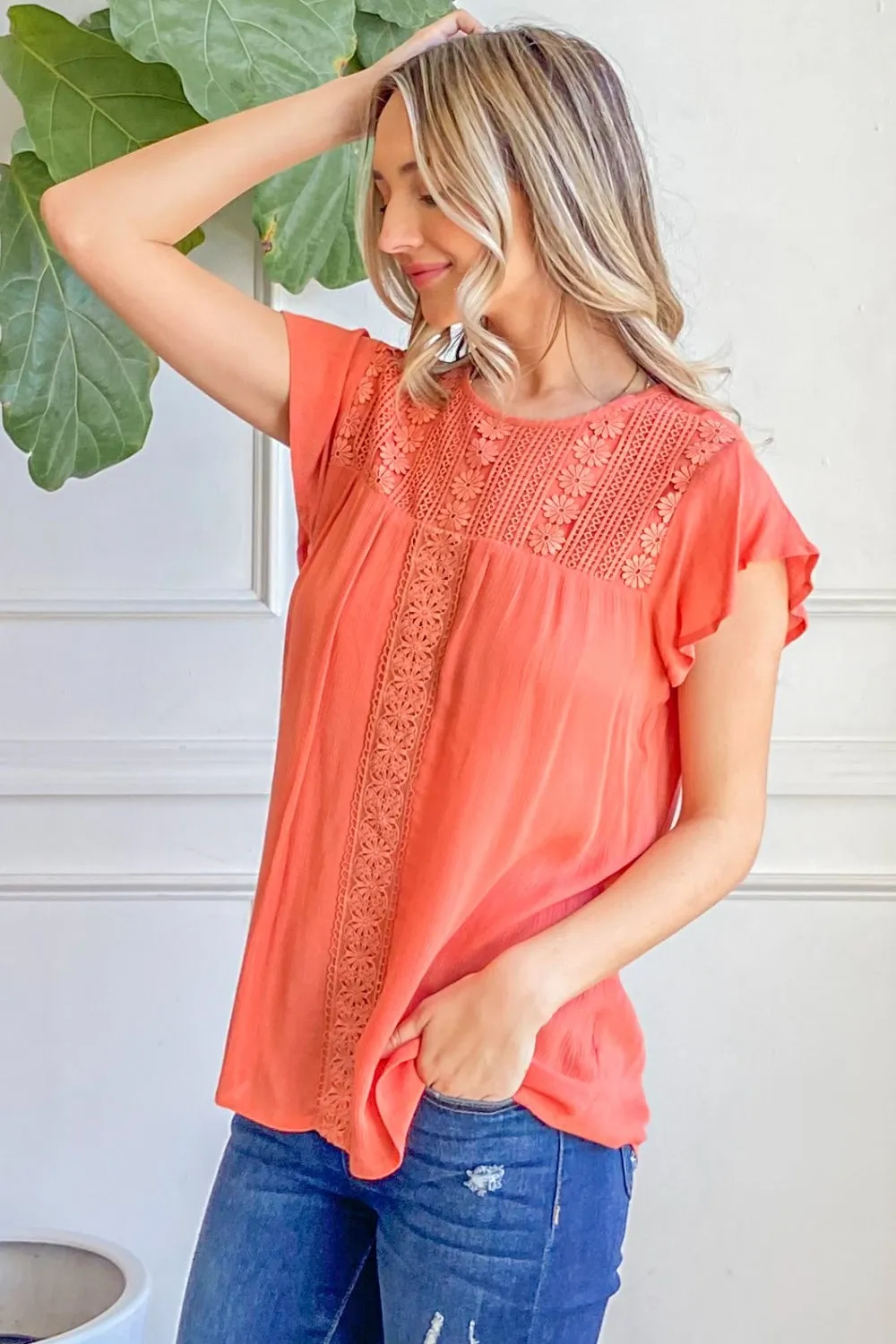 And The Why Lace Detail Ruffle Short Sleeve Blouse Top