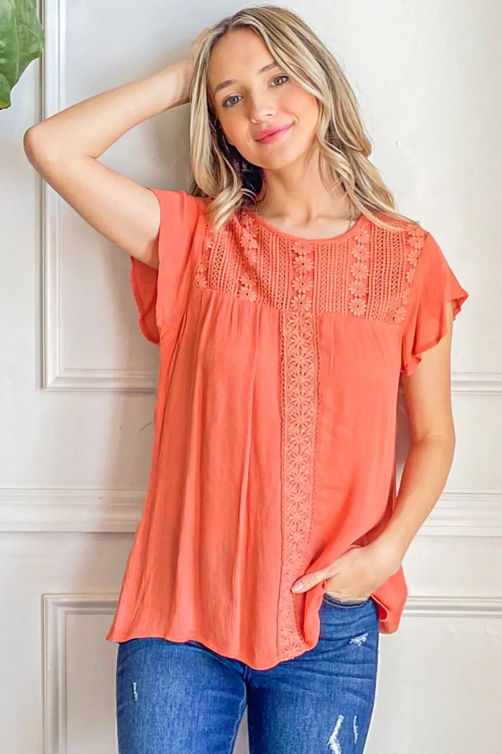 And The Why Lace Detail Ruffle Short Sleeve Blouse Top