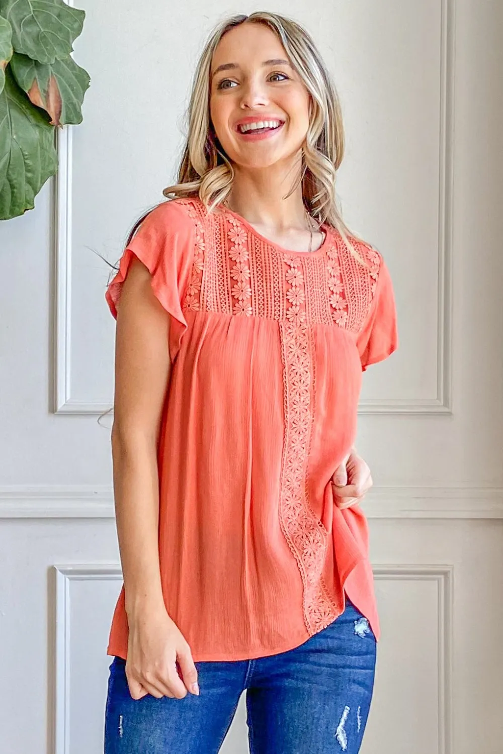 And The Why Lace Detail Ruffle Short Sleeve Blouse Top