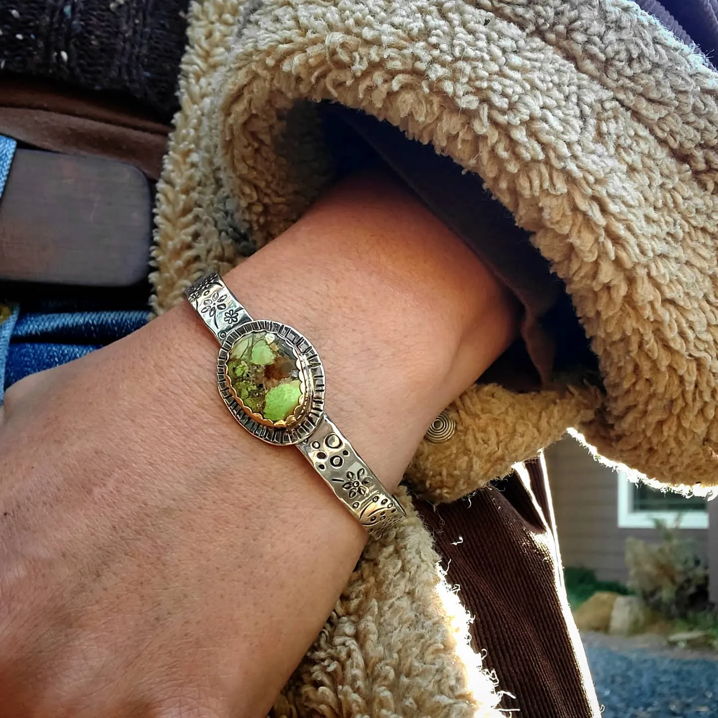 Australian Green Variscite Wildflower Cuff Bracelet