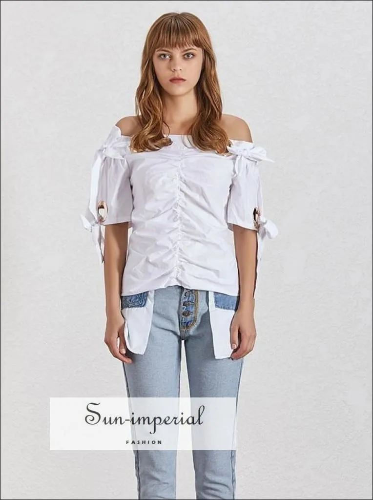 Azalea top - Elegant off Shoulder Women White Blouse Short Sleeve Bow Knot Ruched Slim Cut