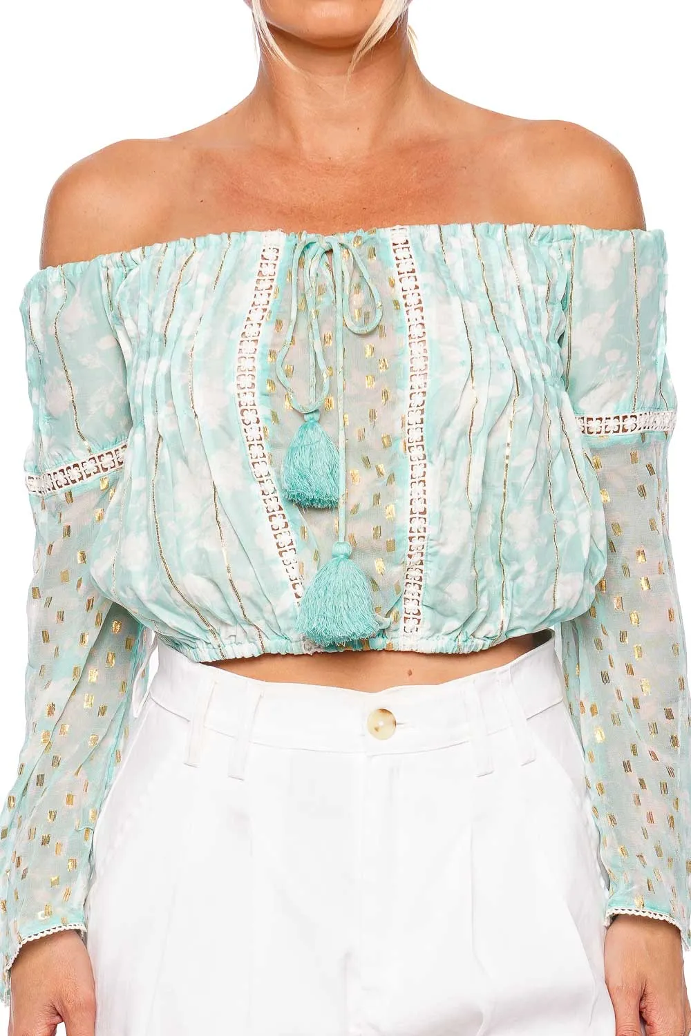 Bandol Aqua Off Shoulder Cropped Top