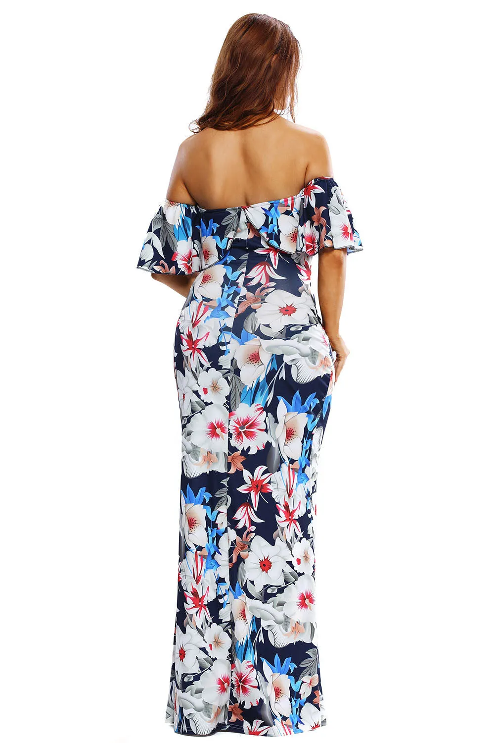 Beige Off-shoulder Long Print Dress