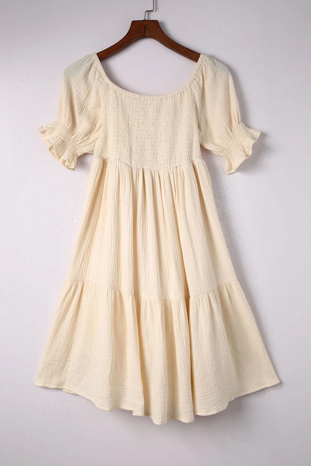 Beige Off Shoulder Smocked Midi Princess Dress