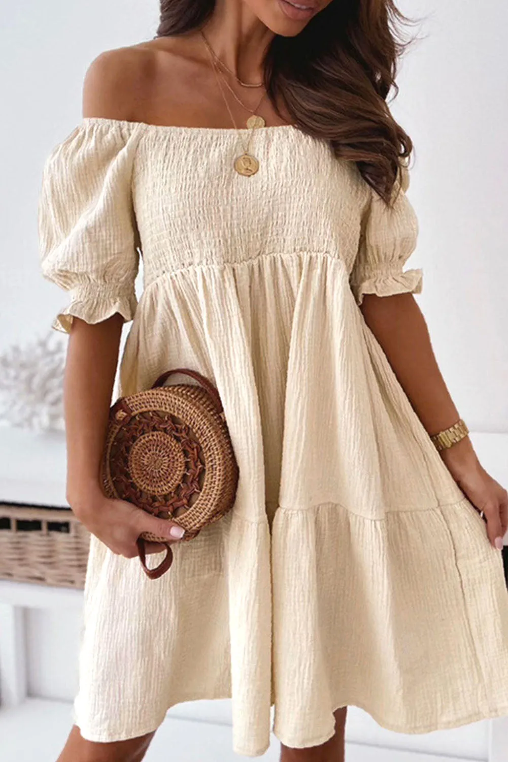 Beige Off Shoulder Smocked Midi Princess Dress