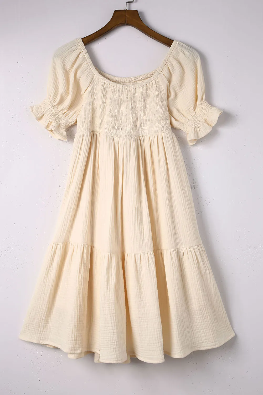 Beige Off Shoulder Smocked Midi Princess Dress