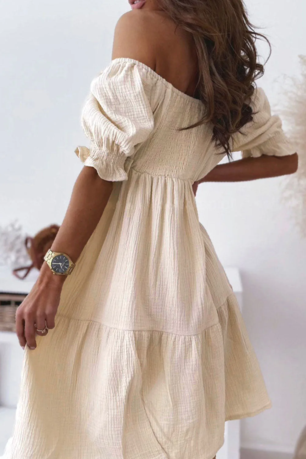 Beige Off Shoulder Smocked Midi Princess Dress