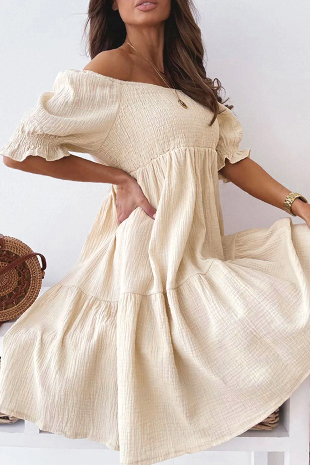 Beige Off Shoulder Smocked Midi Princess Dress