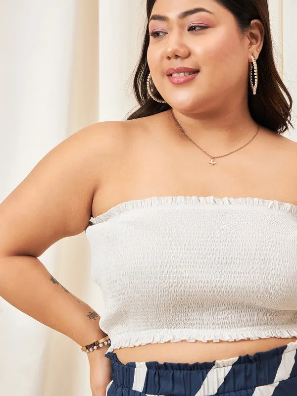 Berrylush Curve Women Solid White Off-Shoulder Neck Sleeveless Smocked Crop Tube Top