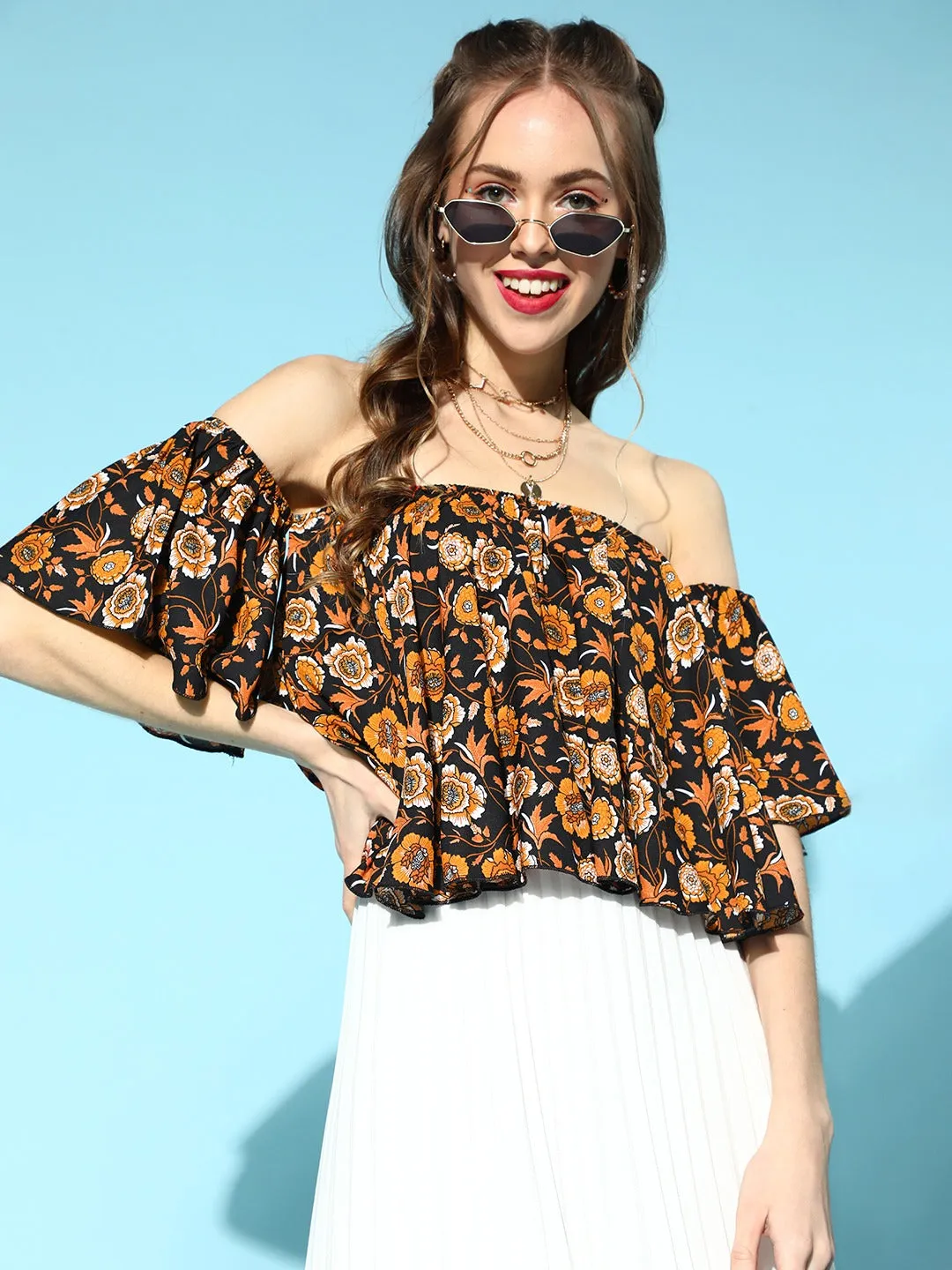 Berrylush Women Black & Mustard Yellow Floral Printed Off-Shoulder Neck Crepe Pleated Bardot Crop Top