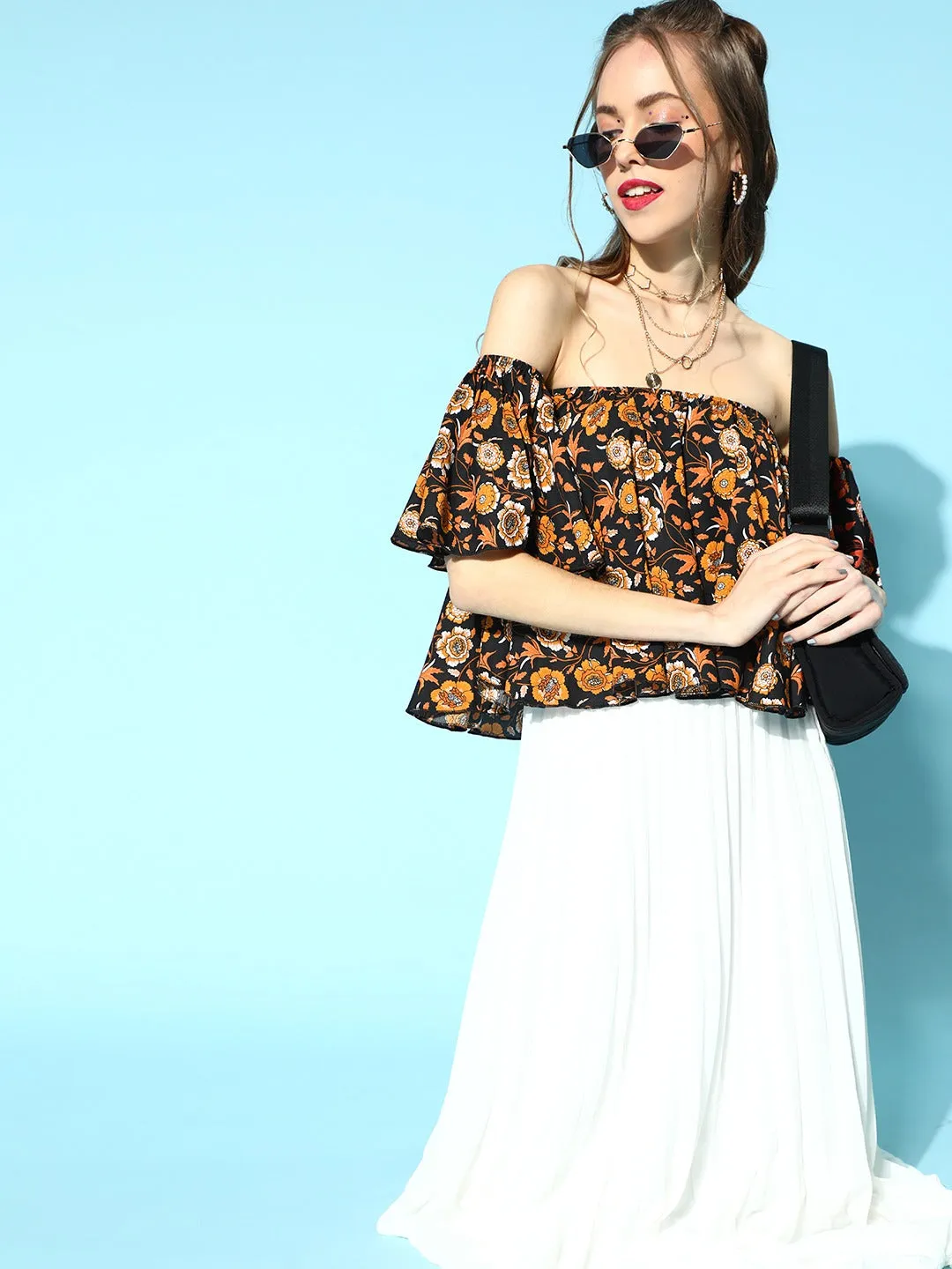 Berrylush Women Black & Mustard Yellow Floral Printed Off-Shoulder Neck Crepe Pleated Bardot Crop Top