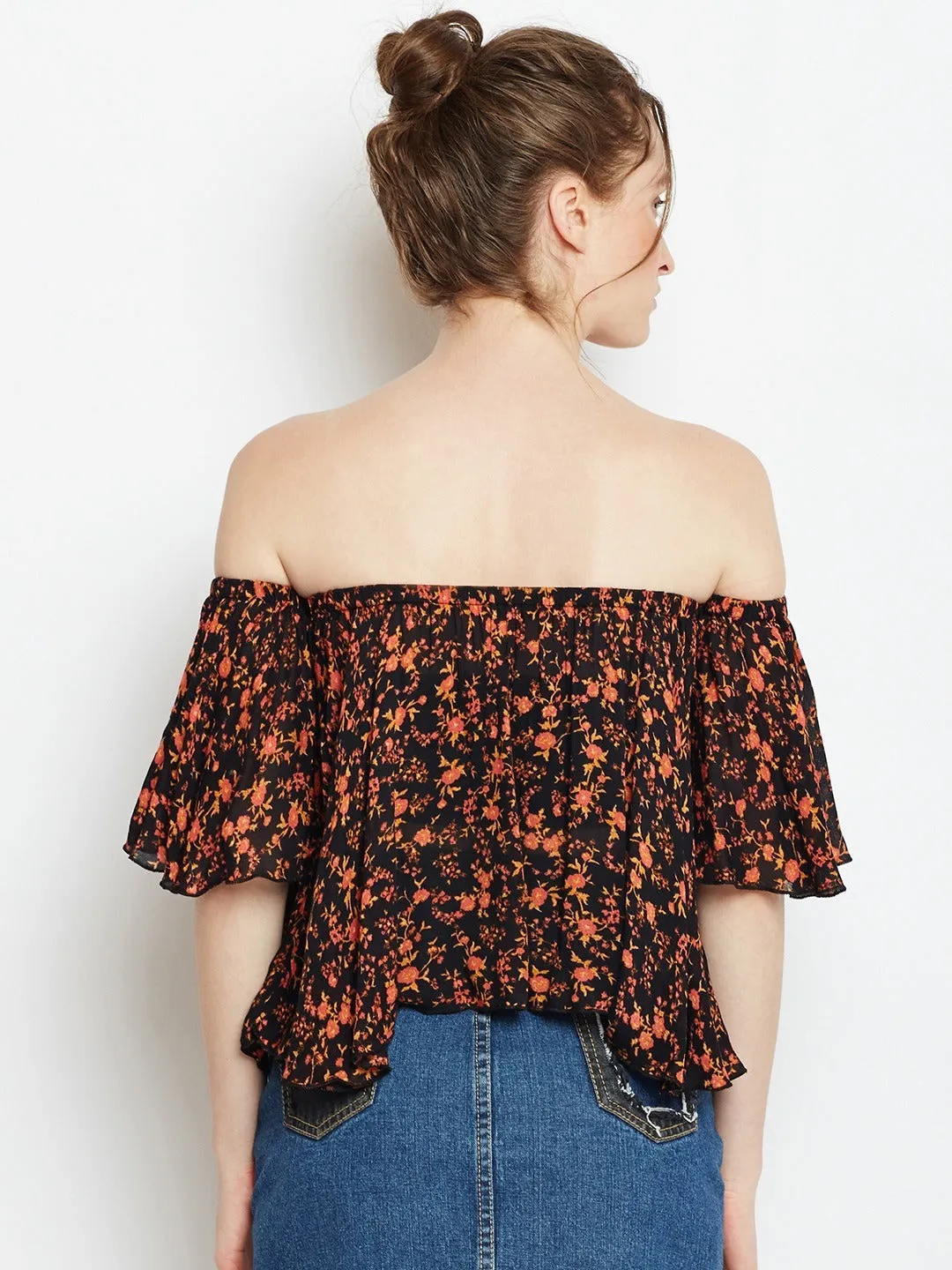 Berrylush Women Black & Orange Floral Printed Off-Shoulder Neck Flared Sleeves Ruffled Bardot Crop Top