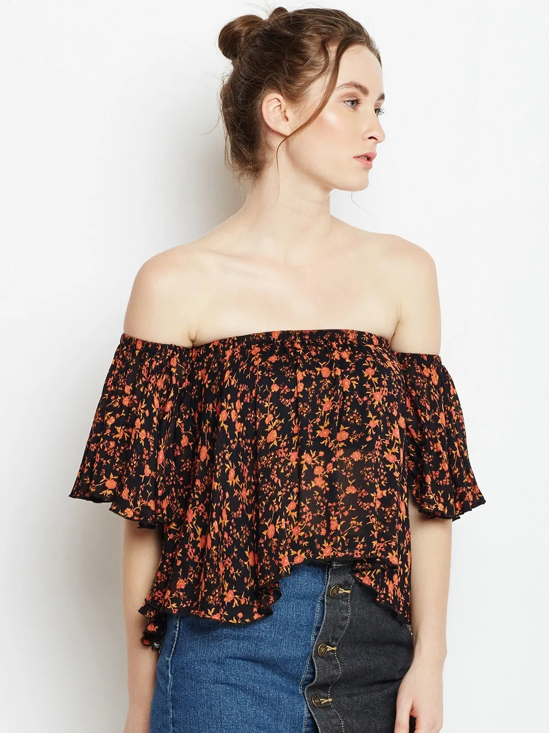 Berrylush Women Black & Orange Floral Printed Off-Shoulder Neck Flared Sleeves Ruffled Bardot Crop Top