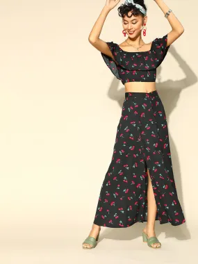 Berrylush Women Black & Red Cherry Printed Off-Shoulder Neck Thigh-High Slit Ruffled Co-Ordinate Set