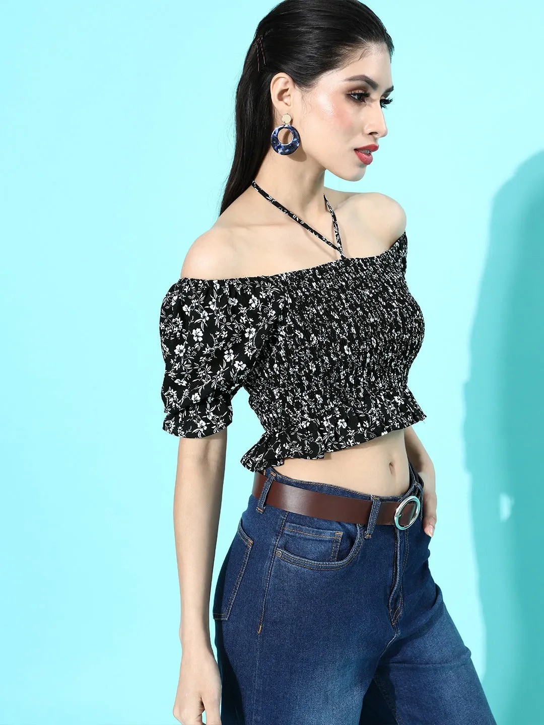 Berrylush Women Black & White Floral Printed Off-Shoulder Bardot Crop Top