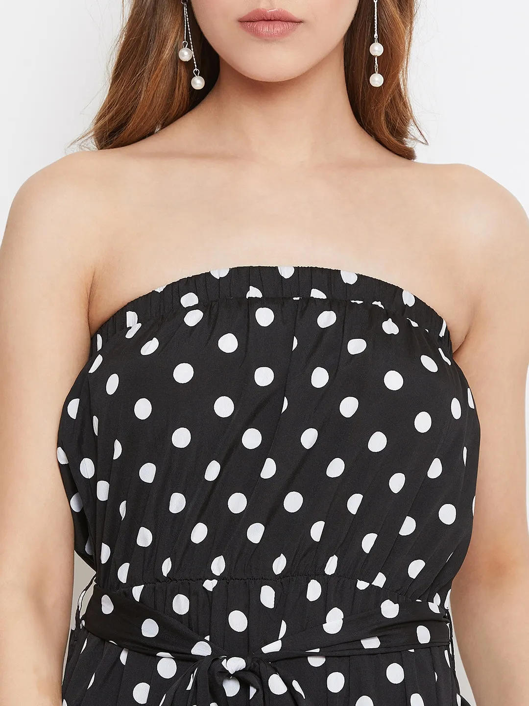 Berrylush Women Black Strapless Off-Shoulder Polka Dot Jumpsuit