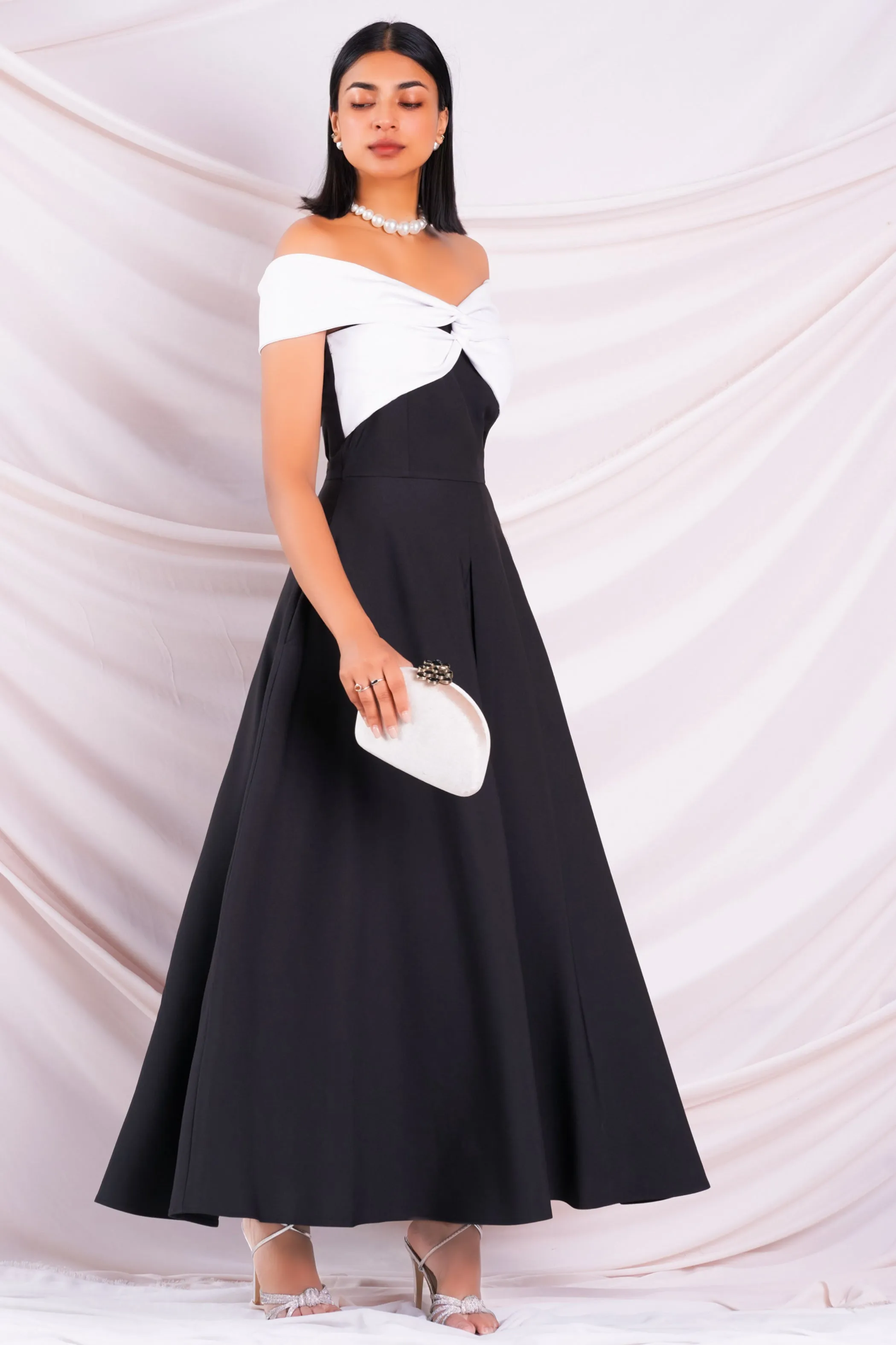 Black & White Off Shoulder Maxi Dress