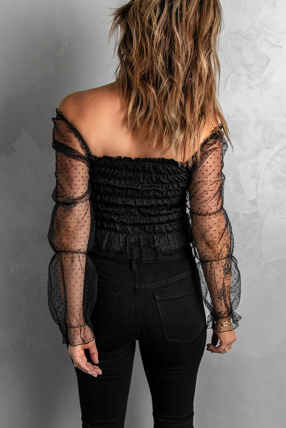 Black Dotted Off Shoulder Smocked Crop Top