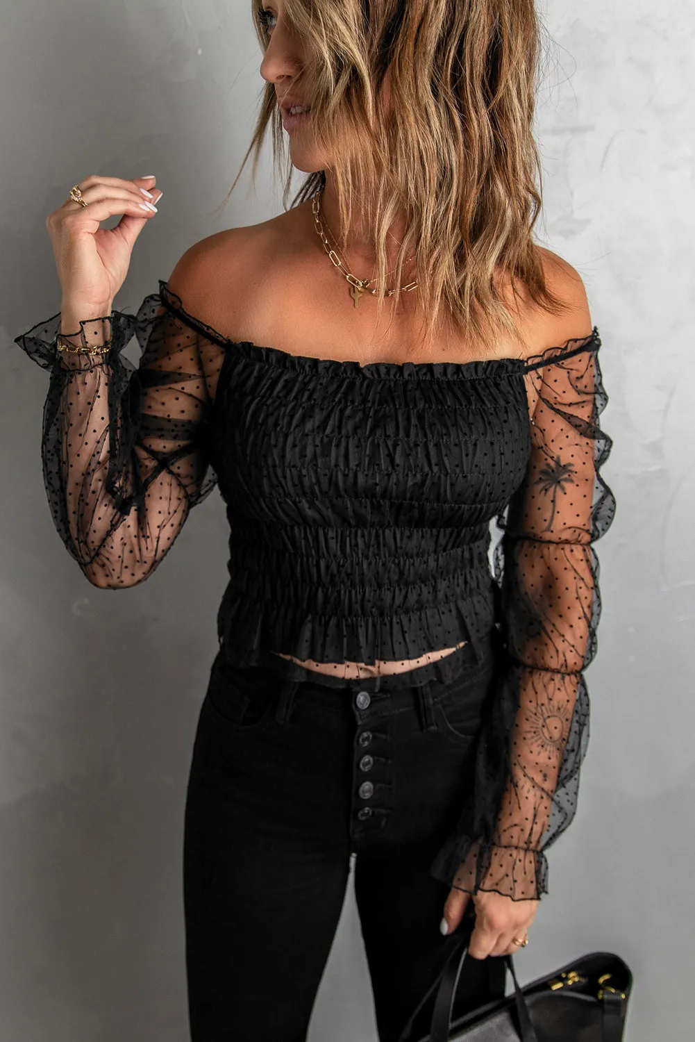 Black Dotted Off Shoulder Smocked Crop Top