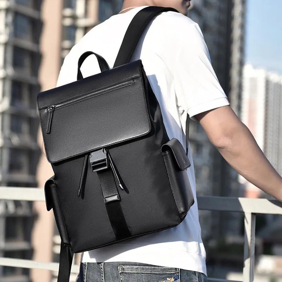 Black Faux Leather Combi Laptop Backpacks For Men Travel Luggage Strap