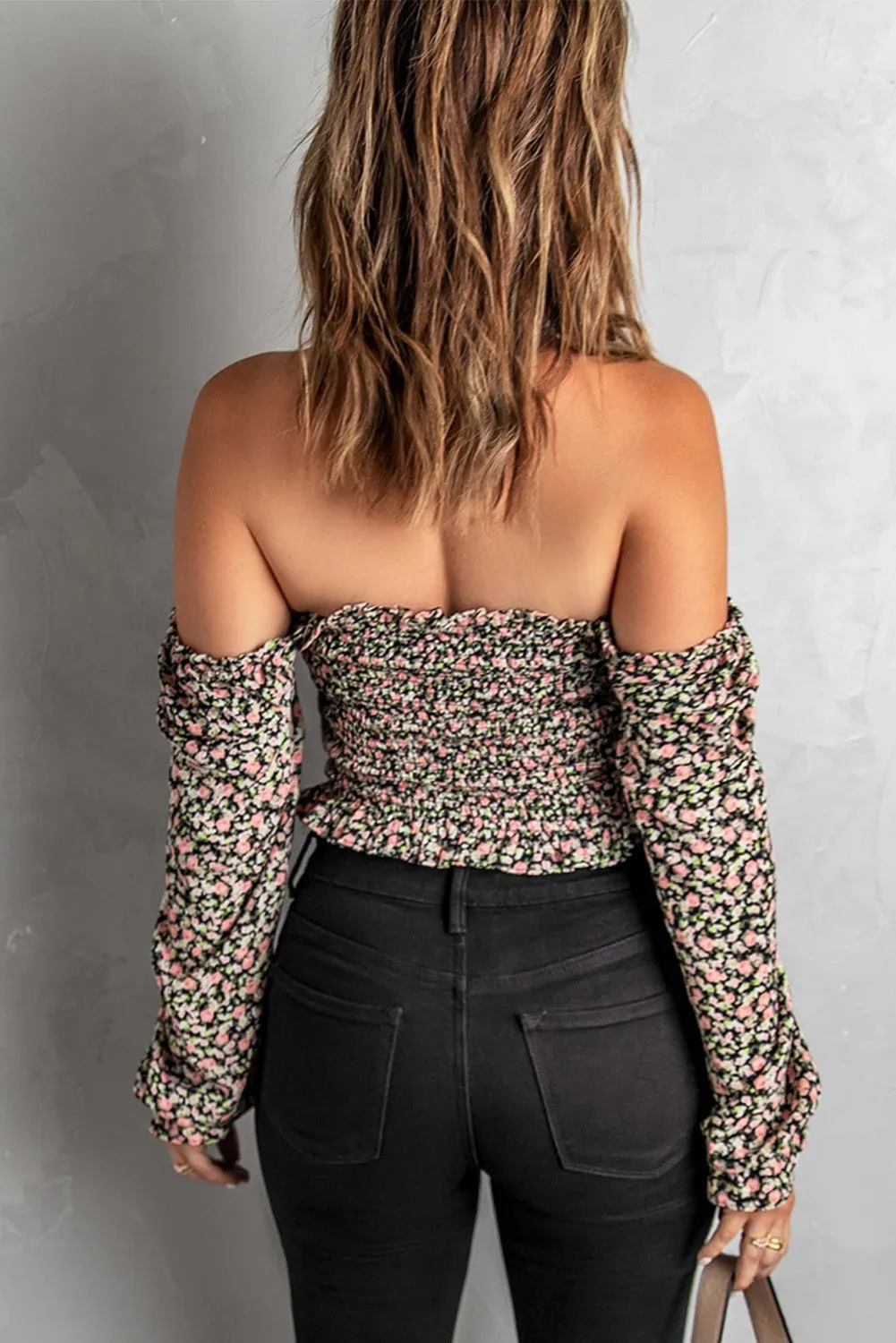 Black Floral Smocked Off Shoulder Crop Top