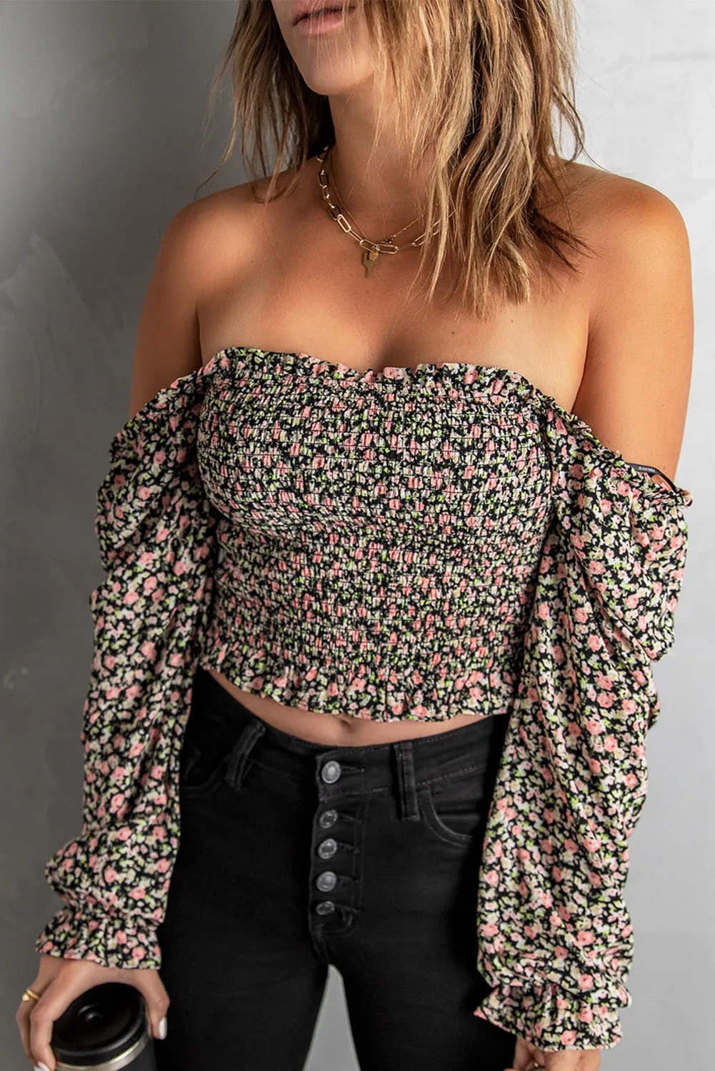 Black Floral Smocked Off Shoulder Crop Top