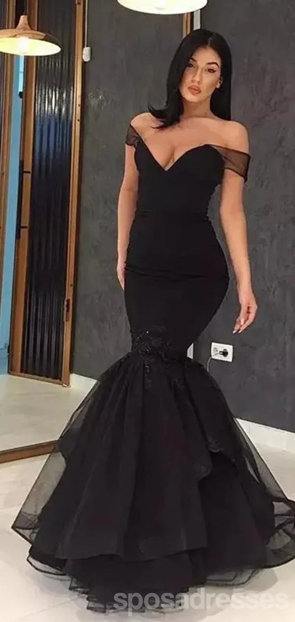 Black Mermaid Off Shoulder V-neck Party Prom Dresses, Cheap Prom Dresses 2021,12537