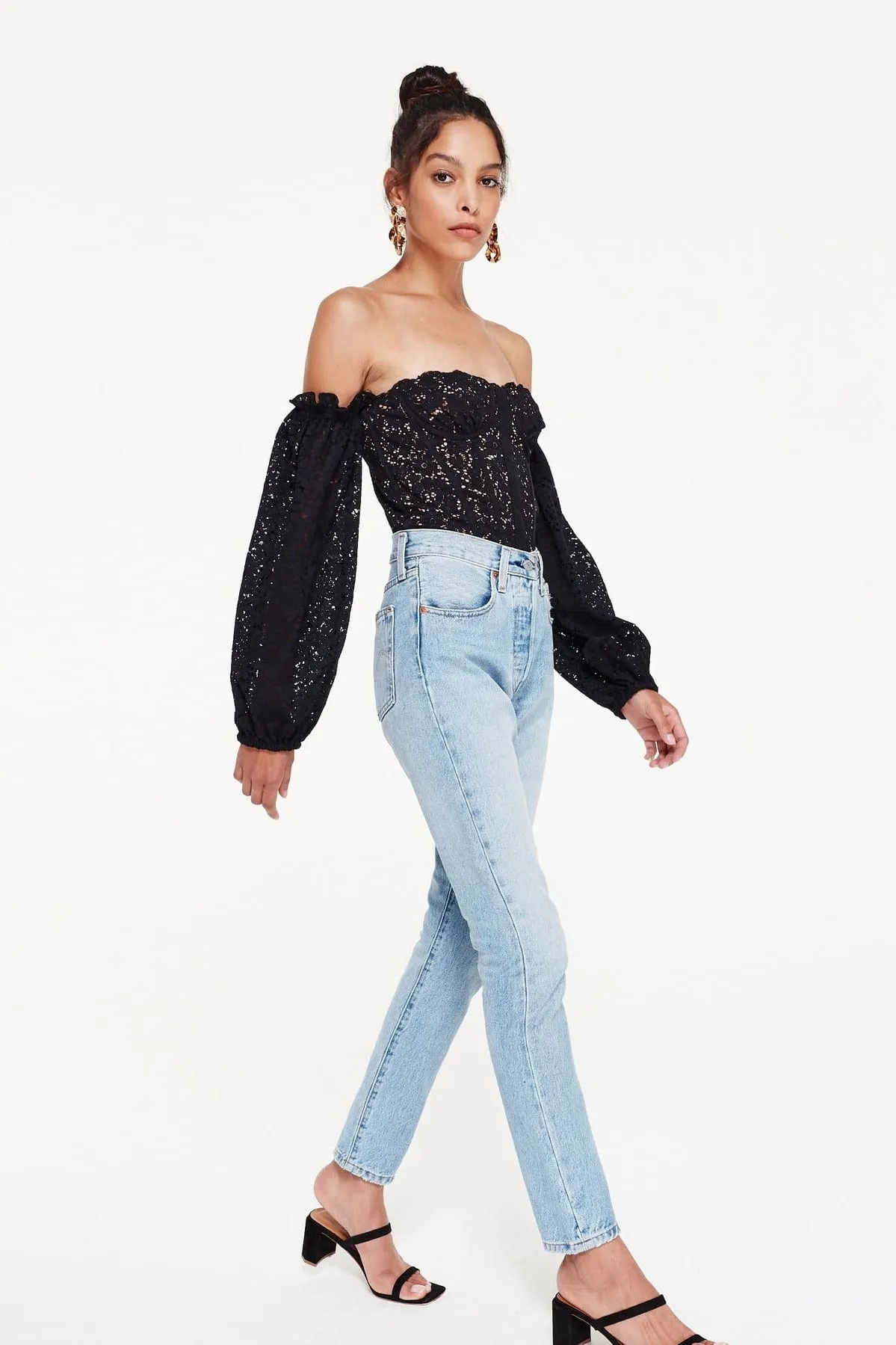 black Off Shoulder Lace Puffed Sleeve Top