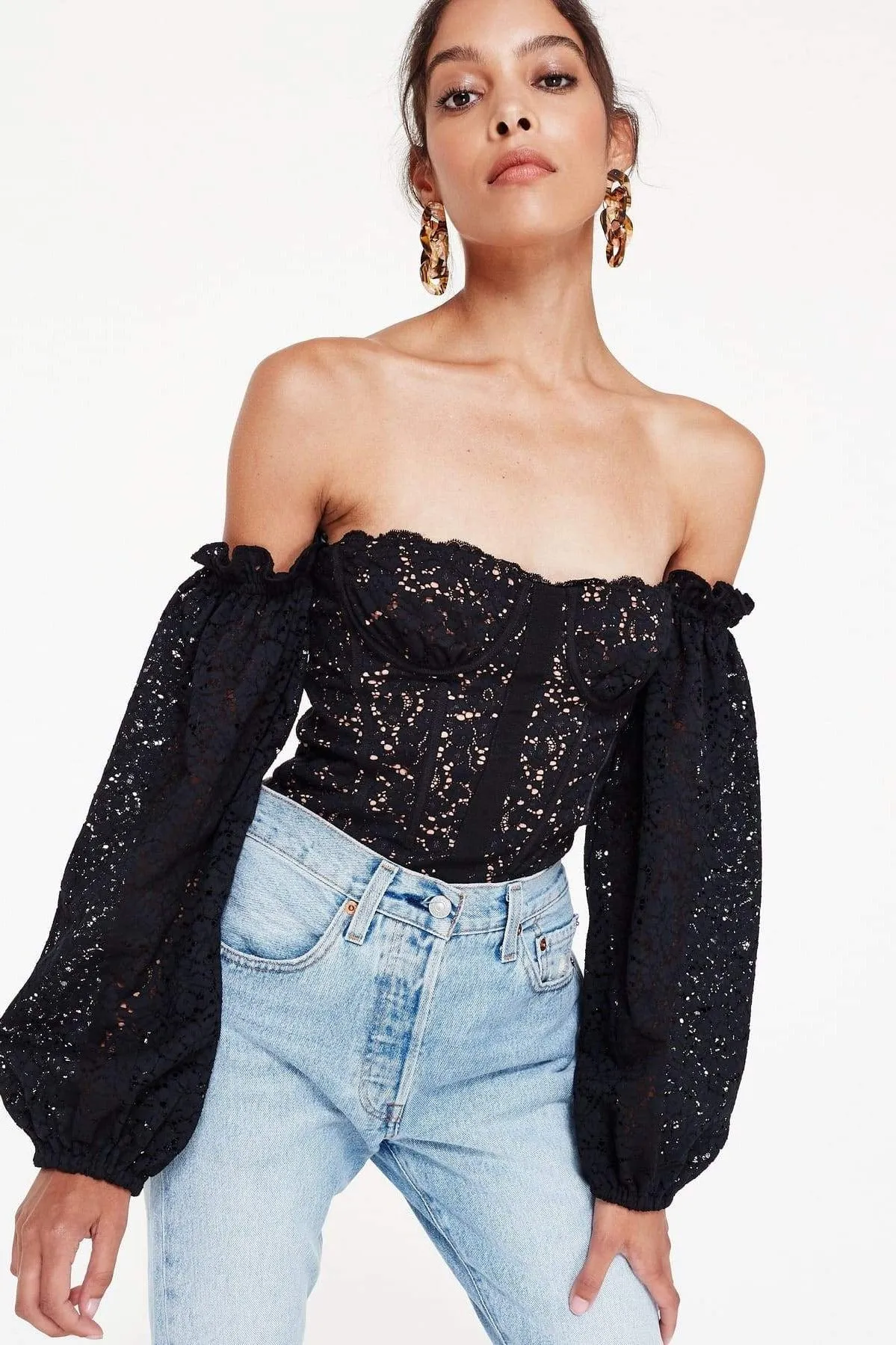 black Off Shoulder Lace Puffed Sleeve Top