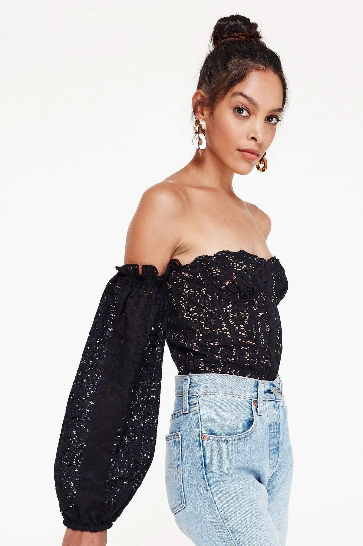 black Off Shoulder Lace Puffed Sleeve Top