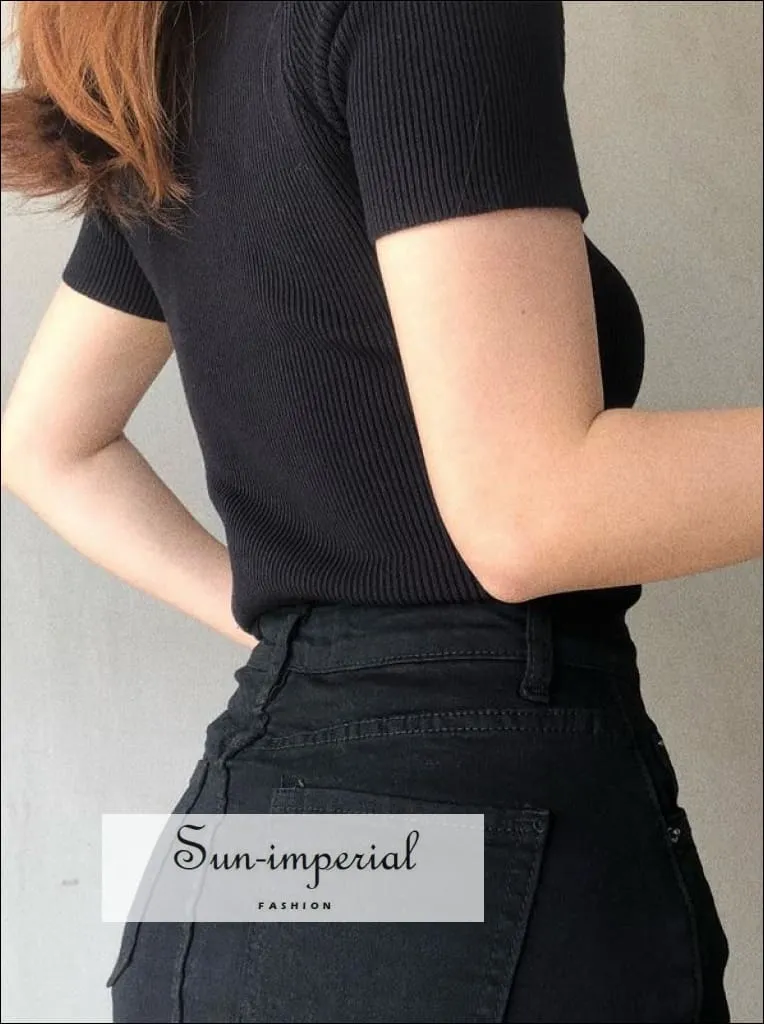 Black Rib Knitted top Sweetheart Neck