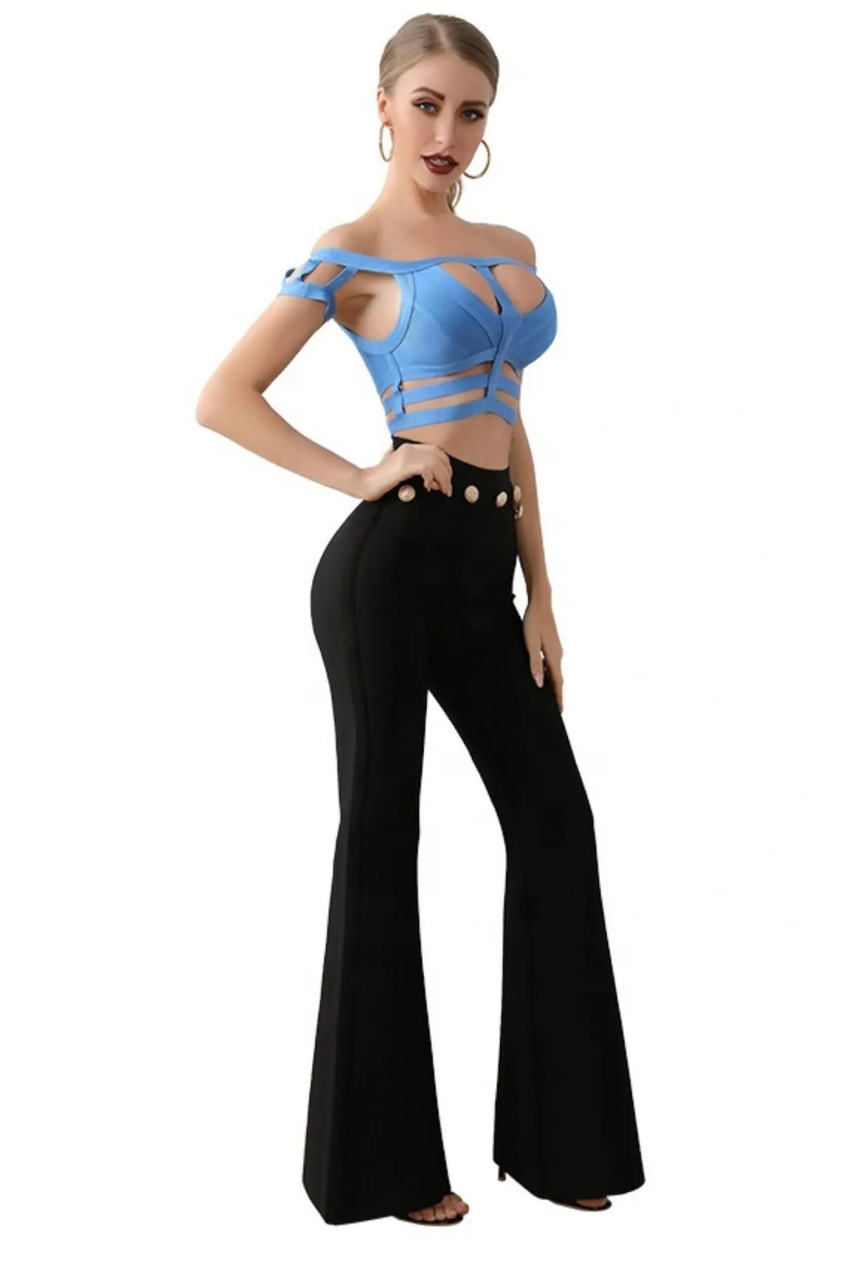 Blue Off Shoulder Cut Out Bandage Crop Top