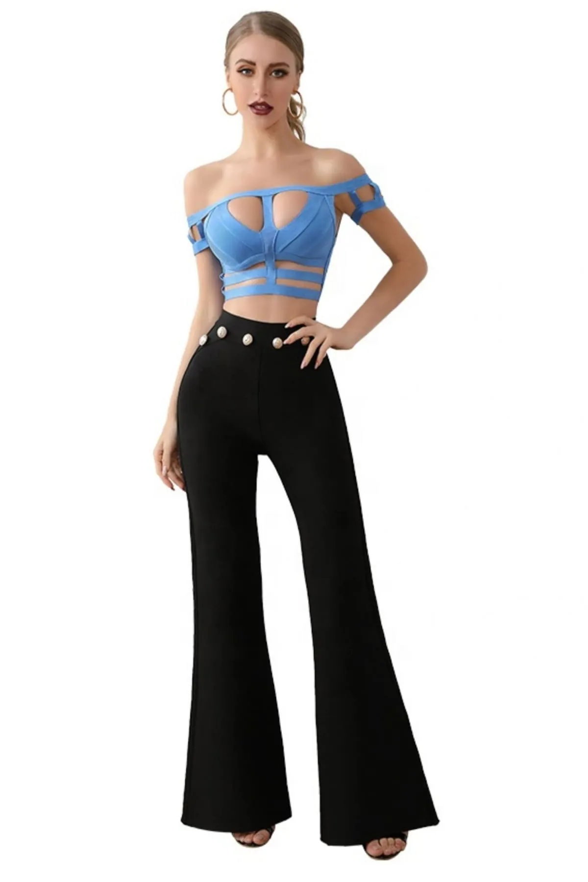 Blue Off Shoulder Cut Out Bandage Crop Top